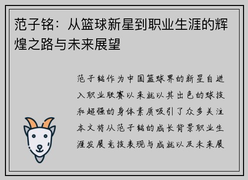 范子铭：从篮球新星到职业生涯的辉煌之路与未来展望